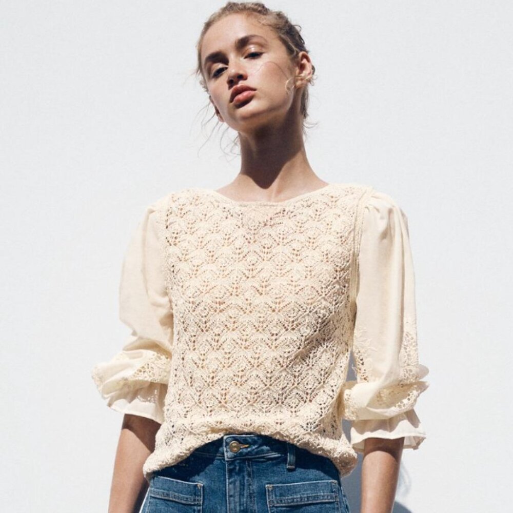 ZARA POINTELLE KNIT SWEATER WITH COMBINATION SLEEVES NWT
